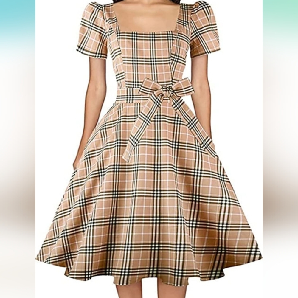 NWOT OBBUE Women's Square Neck Dress Vintage 1950s Cocktail Dress with Puff